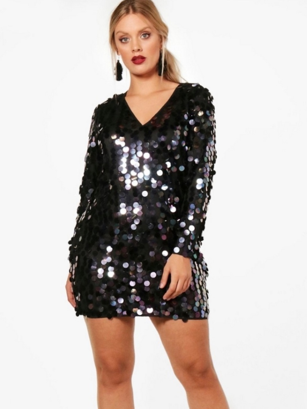 Boohoo Long Sleeve V-Neck Sequin Shift Dress US 20 Iridescent Disco Ball Party